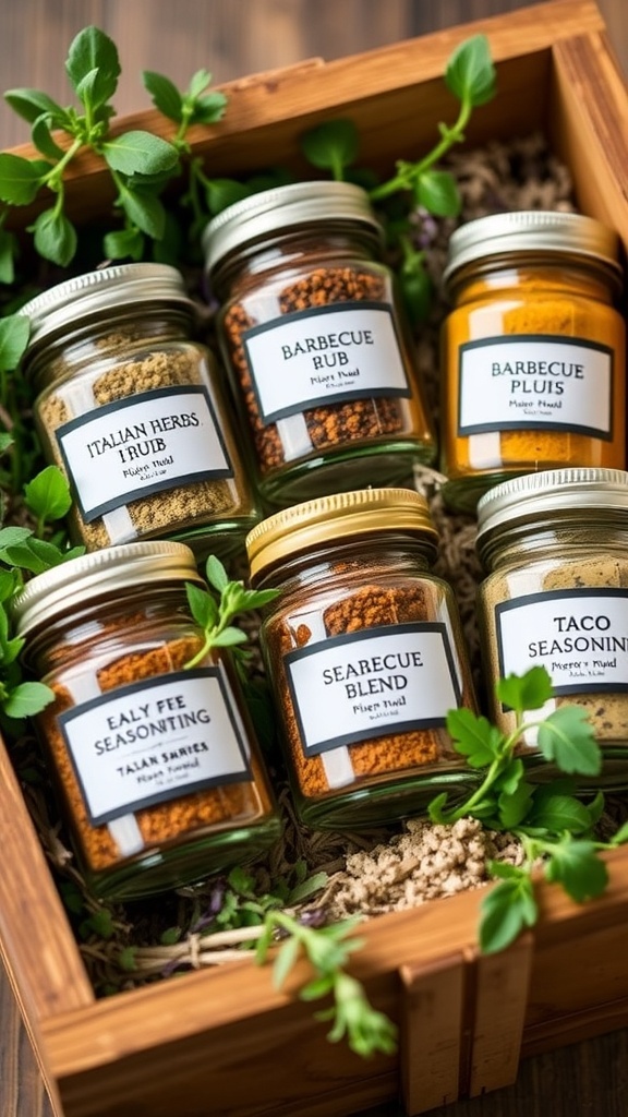 Homemade seasoning gift set with jars of spice blends in a wooden box.